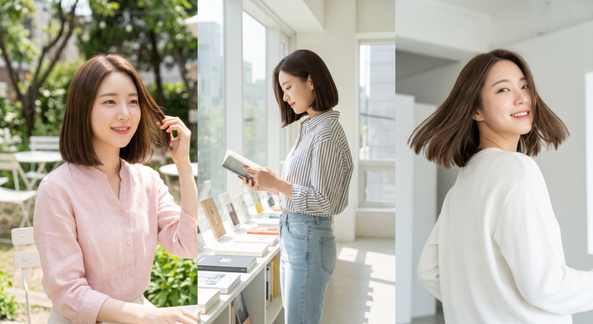 一刀切短髮是不用燙也很好看的短中髮選擇，靠齊平髮尾和俐落線條提升厚度感，也很適合用來修飾圓臉和方臉輪廓。