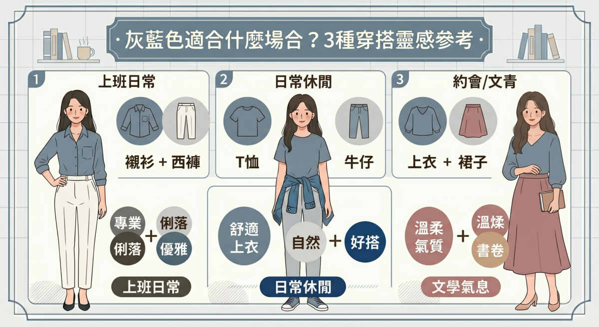 灰藍色三種場合穿搭示範：包含職場專業風（襯衫配西裝褲）、日常休閒風（T恤配牛仔褲）及約會溫柔風（灰藍配粉色系）的搭配建議。