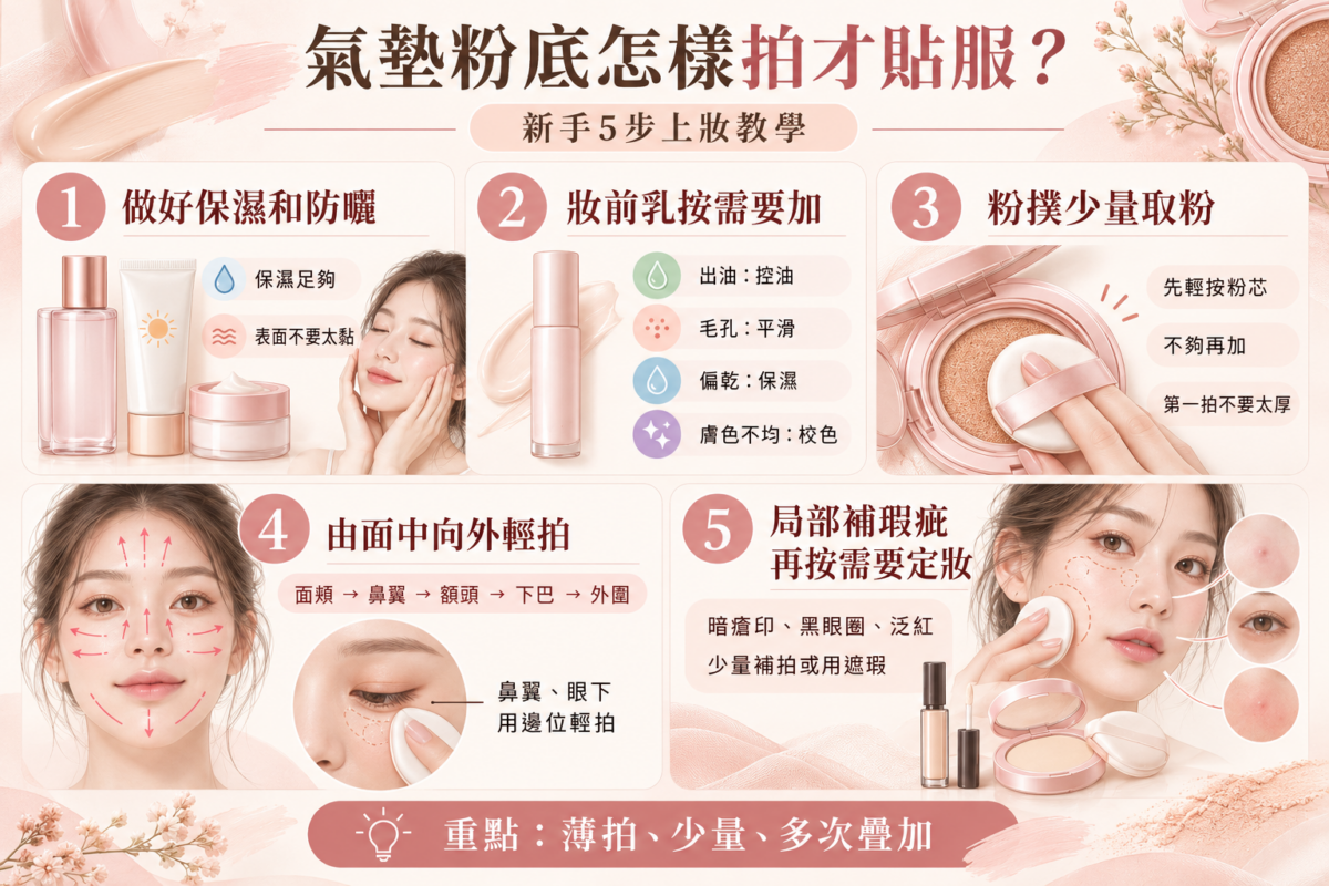 氣墊粉底貼服上妝 5 步驟教學流程圖:涵蓋妝前保濕防曬、按膚況挑選妝前乳、粉撲少量取粉按壓內蓋、由面中向外輕拍順序及局部補瑕定妝。