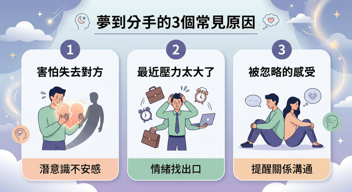 為什麼會夢到分手?三大心理原因解析資訊圖表:內心的不安感、壓力的發洩口、以及被忽略的感受。