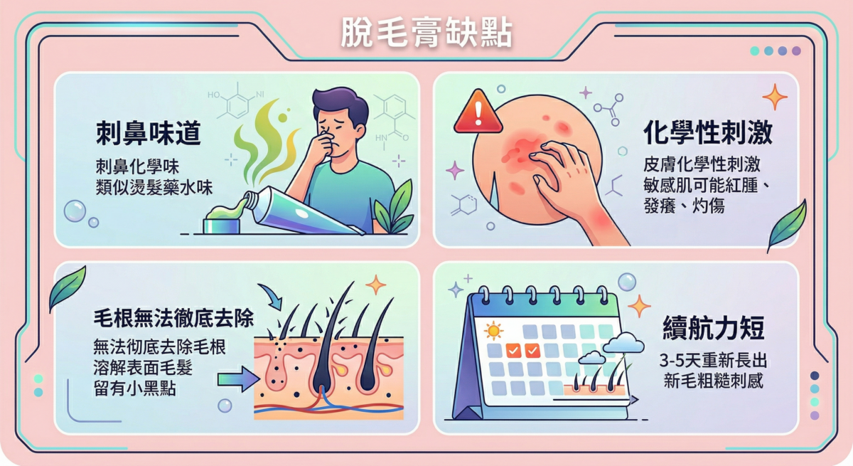 這是一張分析「脫毛膏缺點」的資訊圖表，分為四個區塊：刺鼻味道（、化學性刺激、毛根無法徹底去除以及續航力短。