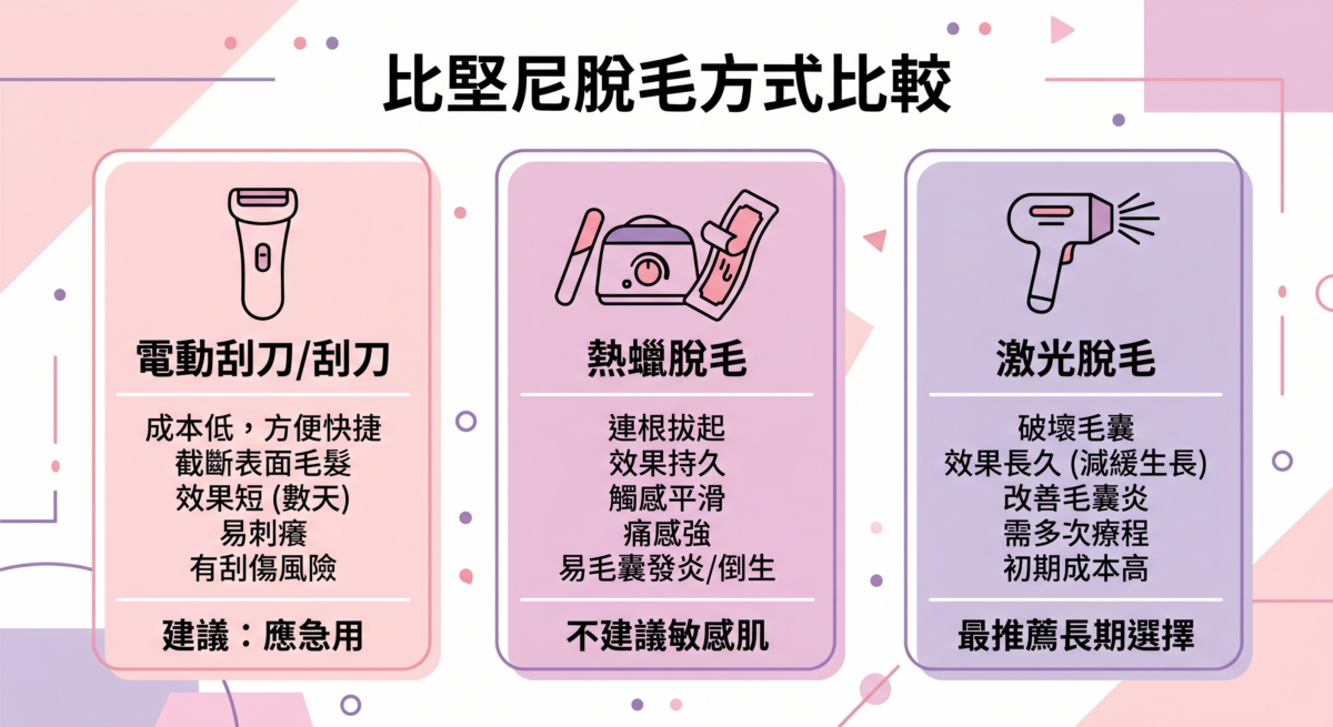 這張比堅尼脫毛方式比較圖，對比了電動刮刀（成本低、適合應急）、熱蠟脫毛（效果持久、不建議敏感肌）及激光脫毛（效果長久、最推薦長期選擇）三種方式的優缺點與專業建議。