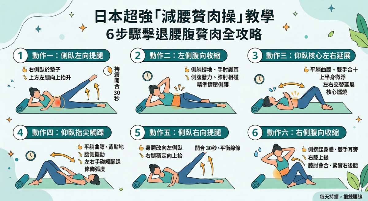 這是一張介紹「日本超強減腰贅肉操」的教學資訊圖，包含 6 個針對腰腹核心訓練的步驟圖解，每個步驟皆配有動作名稱、簡易說明與計時圖示，整體色調為清新淡綠色。