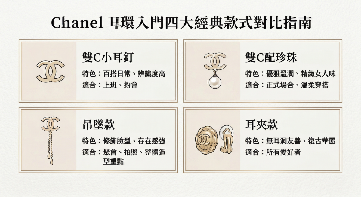 Chanel耳環入門款式推薦圖表：雙C小耳釘、珍珠耳環、吊墜款與耳夾款特色對比。