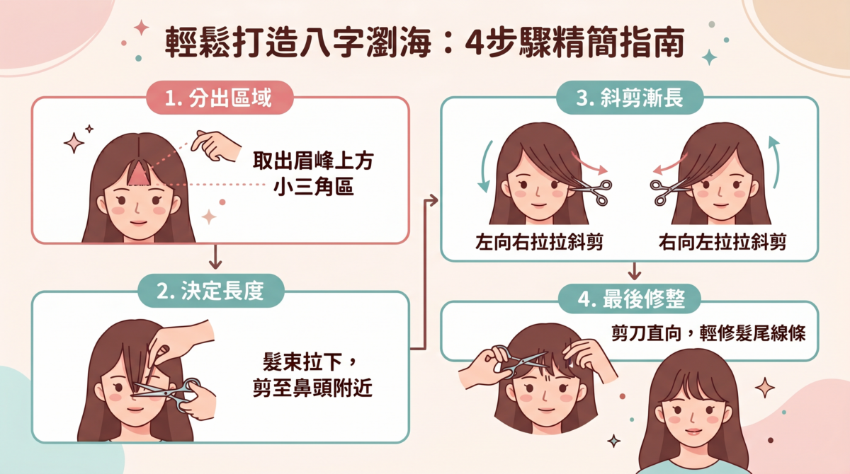 八字瀏海修剪教學資訊圖:展示從三角分區、設定中間長度、兩側斜剪弧度到直向修剪髮尾的居家理髮步驟。