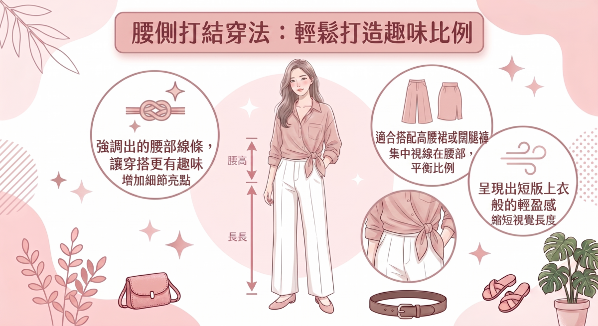 在腰側打一個不經意的小結，能縮短恤衫的視覺長度，直接呈現出短版上衣般的輕盈感。