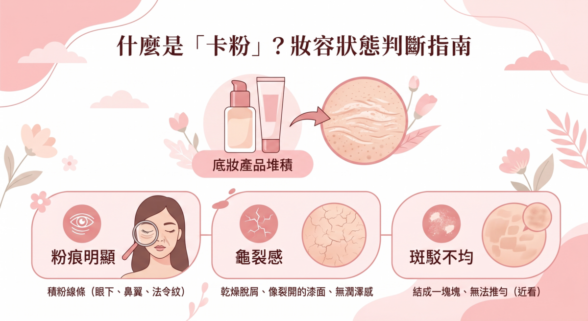 一張說明何謂「卡粉」的圖解，列出三種卡粉現象：1.「粉痕明顯」：在眼下、鼻翼、法令紋等處出現積粉線條。2.「龜裂感」：皮膚表面乾燥脫屑，看起來像裂開的漆面，缺乏潤澤感。3.「斑駁不均」：妝容結塊無法推勻，近看顯得斑駁。