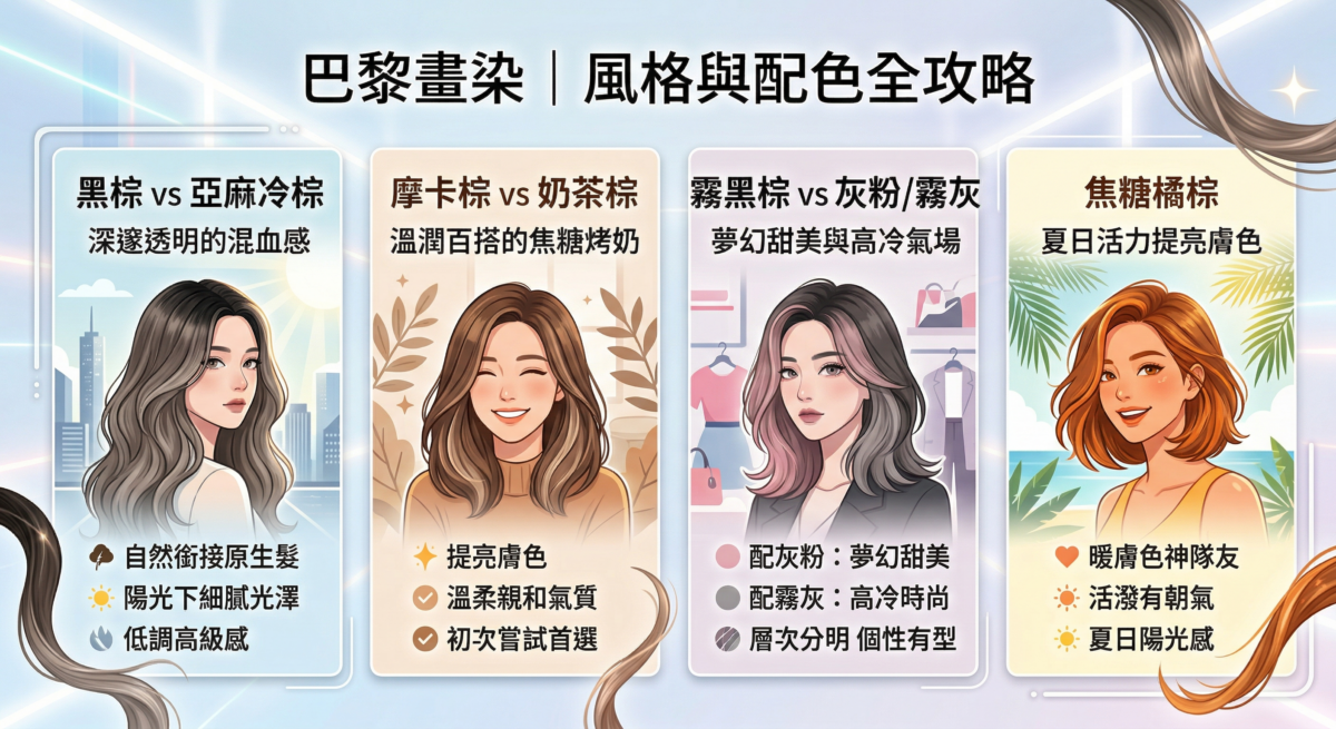 這是一張巴黎畫染配色指南插畫，展示四種風格：左一「黑棕 vs 亞麻冷棕」展現深邃混血感；左二「摩卡棕 vs 奶茶棕」主打溫潤焦糖烤奶色，適合初次嘗試；右二「霧黑棕 vs 灰粉/霧灰」結合夢幻甜美與高冷氣場，層次分明；右一「焦糖橘棕」具備夏日活力，能提亮暖色調膚質。