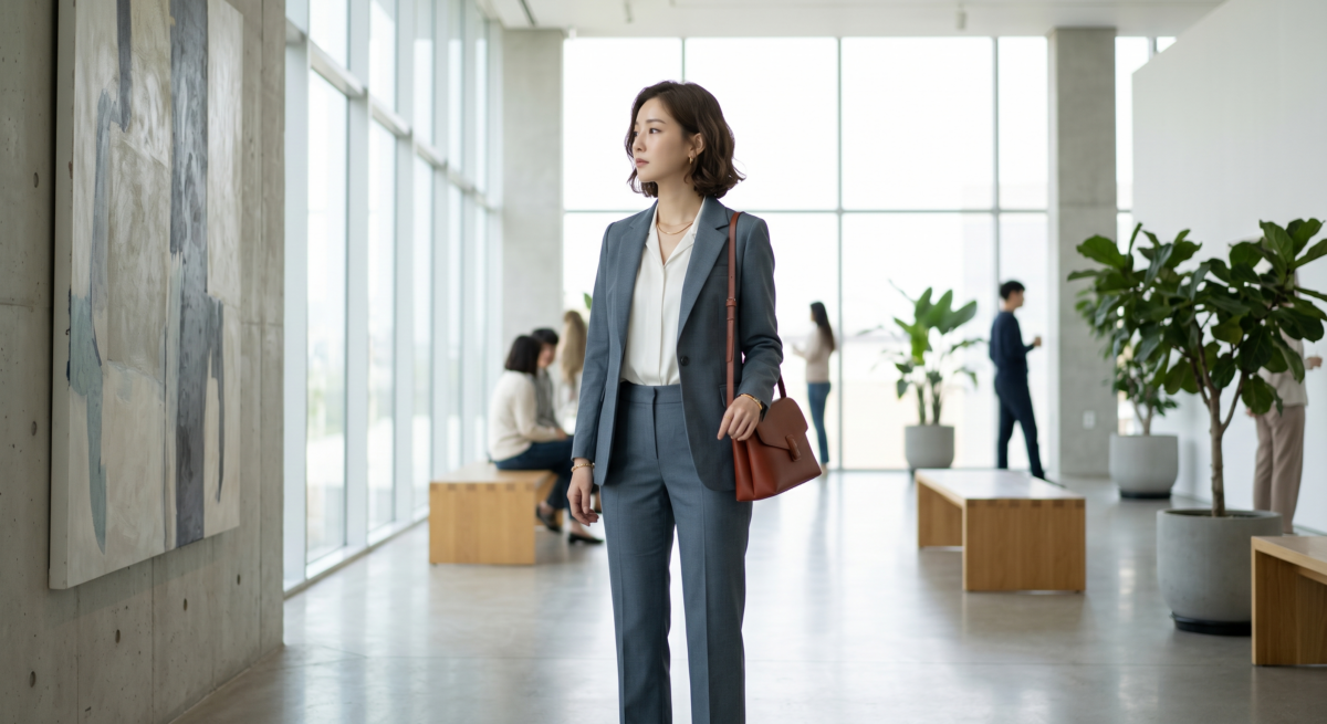 灰藍色想穿出高級感，除了配色要乾淨，也可以透過比例、材質、腰線和飾品細節，讓整體更有層次。