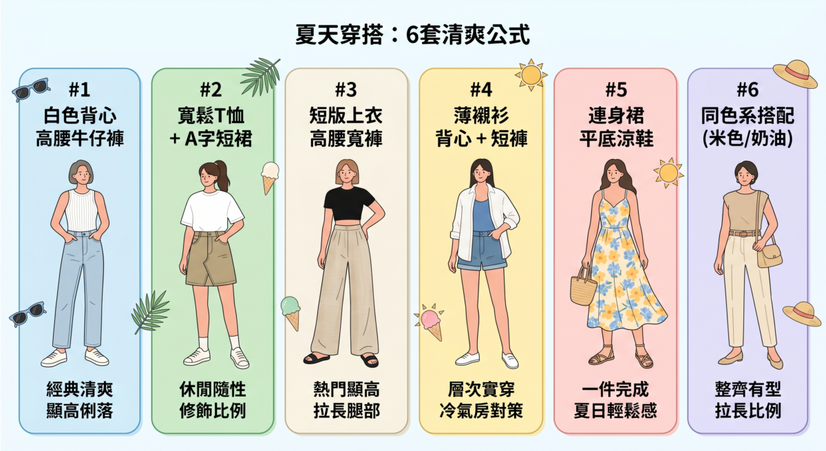 夏天穿搭懶人包資訊圖：收錄 6 套清爽顯瘦日常穿搭公式，包含白色背心配高腰牛仔褲、短版上衣配高腰寬褲等實用組合總結。