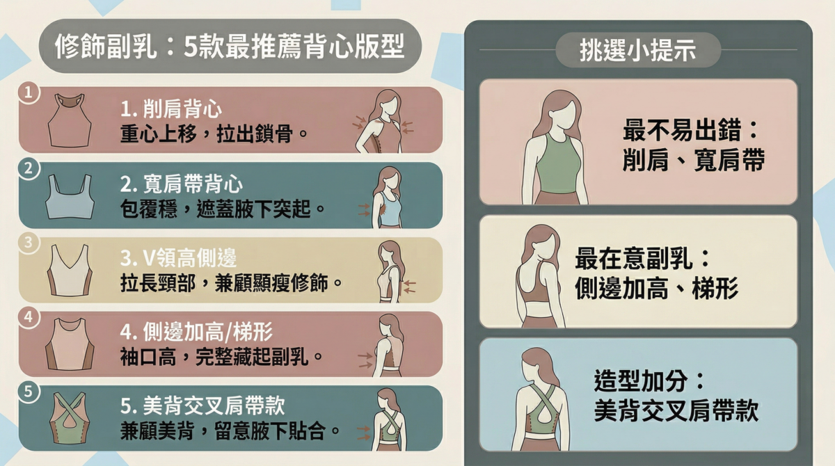 5款修飾副乳背心版型推薦圖解：包含削肩背心、寬肩帶背心、V領高剪裁、梯形背心與美背交叉款的修飾優點與挑選建議。