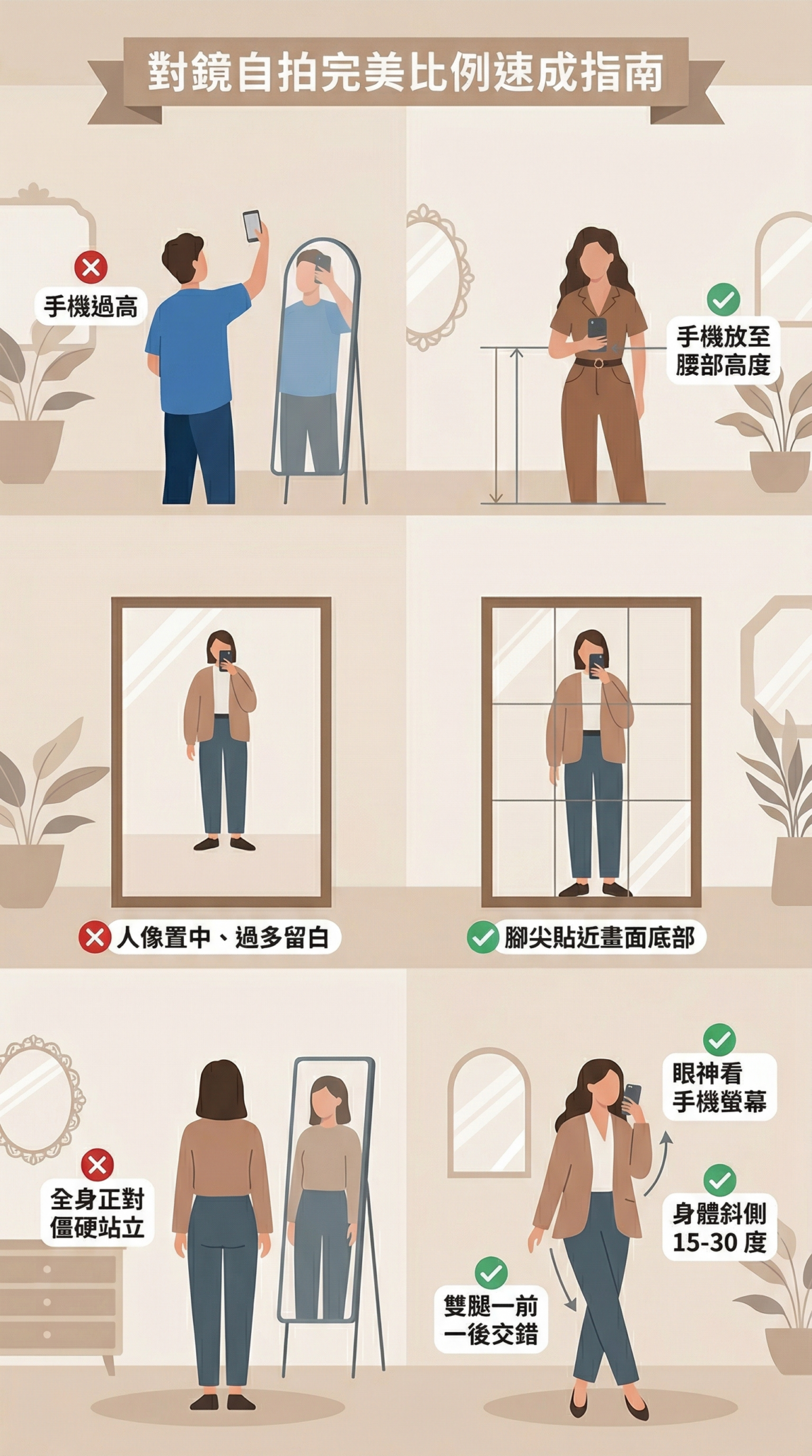對鏡子拍照自拍技巧圖解:包含手機放在腰部高度、微仰角拍攝、腳尖貼齊底部、雙腳交錯站姿等顯高顯瘦教學。