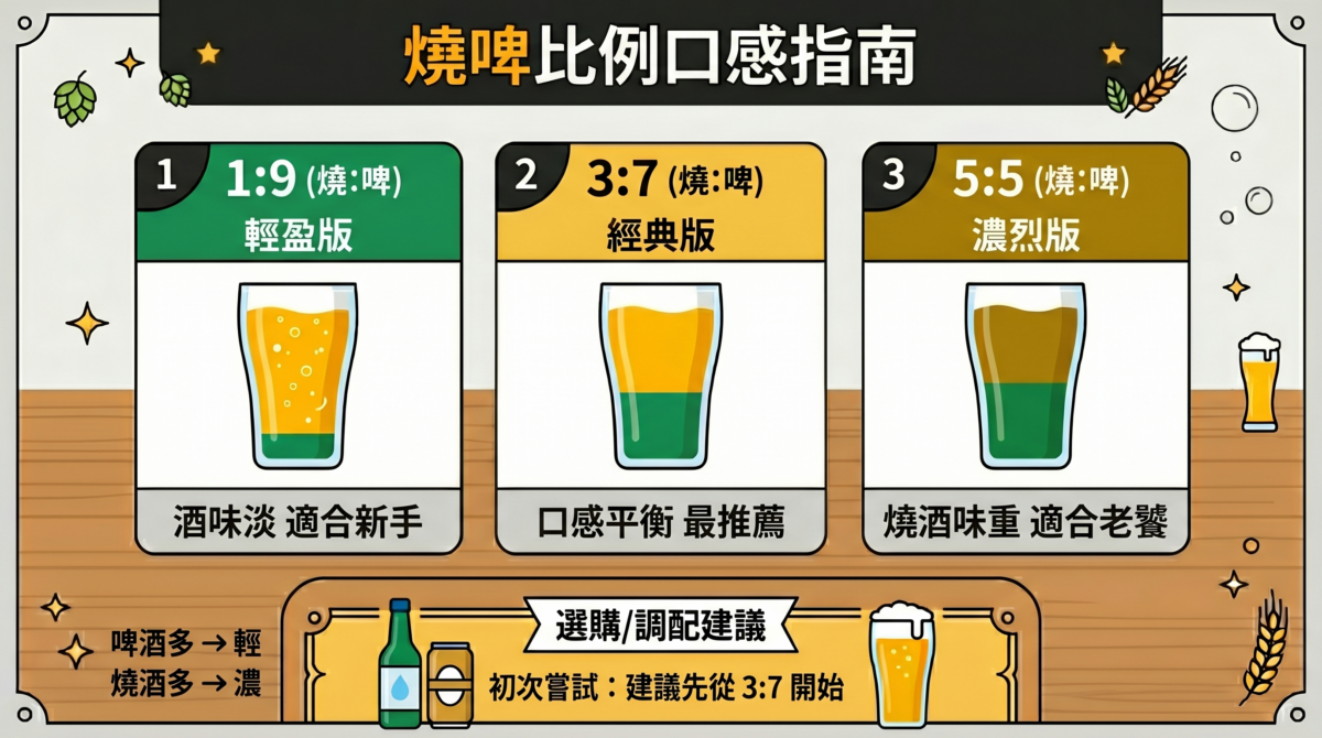燒啤比例口感對比圖：圖解 1:9 輕盈版、3:7 經典版與 5:5 濃厚版的酒感差異與適合對象推薦。