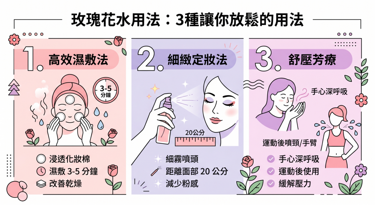 這張關於玫瑰花水用法的資訊圖介紹了三種放鬆保養方式：包含改善乾燥的「高效濕敷法」、距離面部20公分噴灑以減少粉感的「細緻定妝法」，以及透過手心深呼吸或運動後噴灑來緩解壓力的「舒壓芳療」。