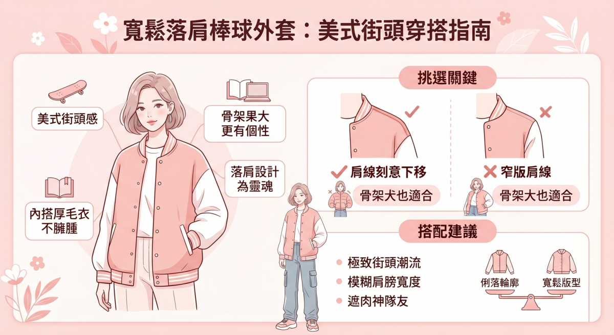 合身剪裁的棒球外套線條乾淨，能完整勾勒出上半身的輪廓，適合想在校園或辦公室展現俐落感的女生。