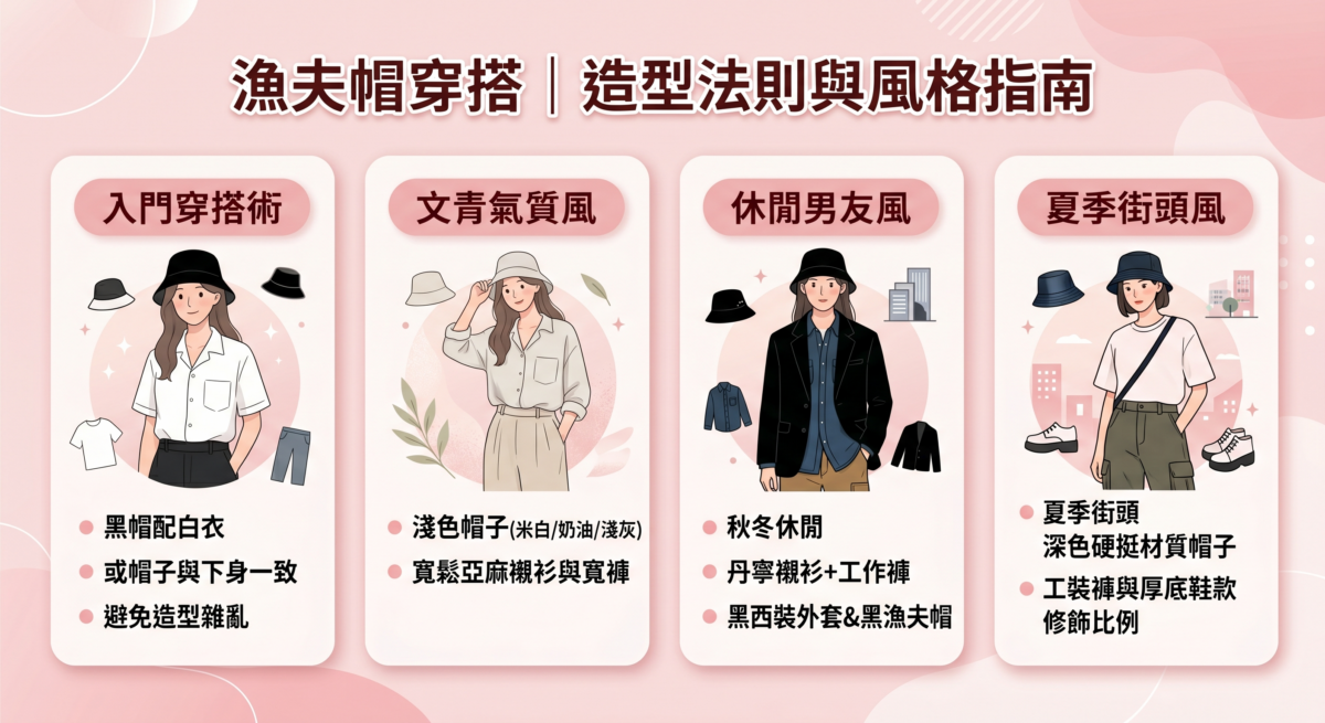 圖中介紹四種風格：入門穿搭（黑白簡潔配）、文青氣質風（淺色亞麻感）、休閒男友風（丹寧與西裝層次）以及夏季街頭風（硬挺帽款配工裝褲）。