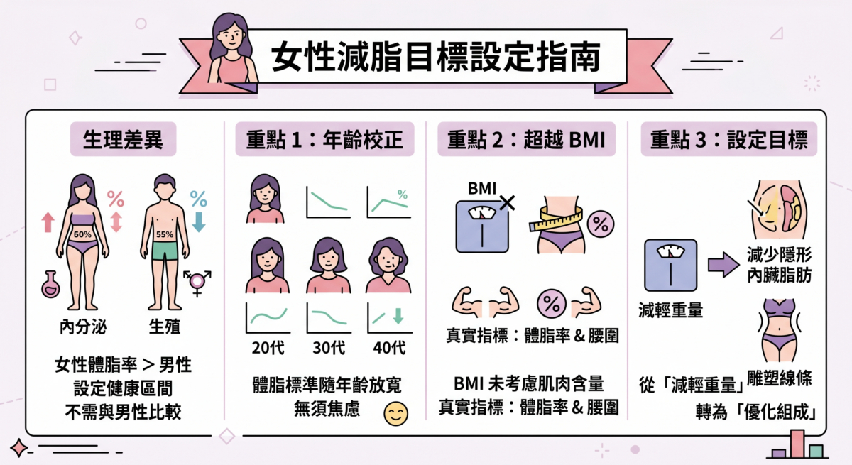 女性因生理需求，本就需比男性維持更高的體脂率。因此不需與男性標準比較，應設定適合自己的健康區間。