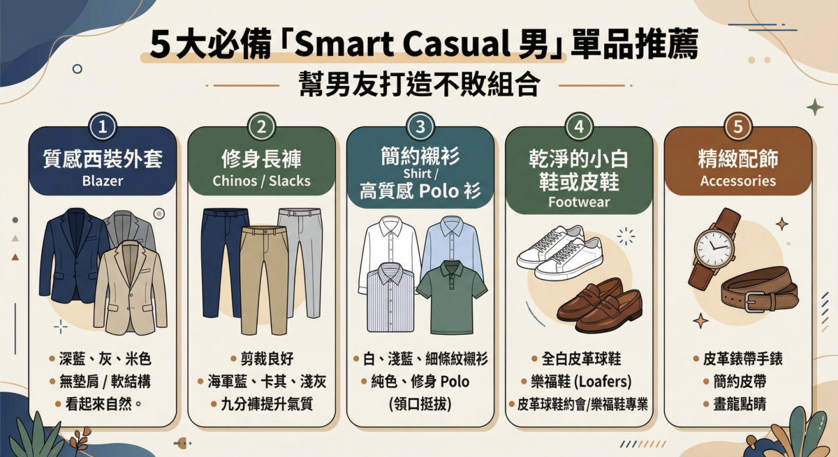五大「Smart Casual」男裝單品清單，包含西裝外套、修身長褲、簡約襯衫/Polo衫、小白鞋/皮鞋及皮革配件。