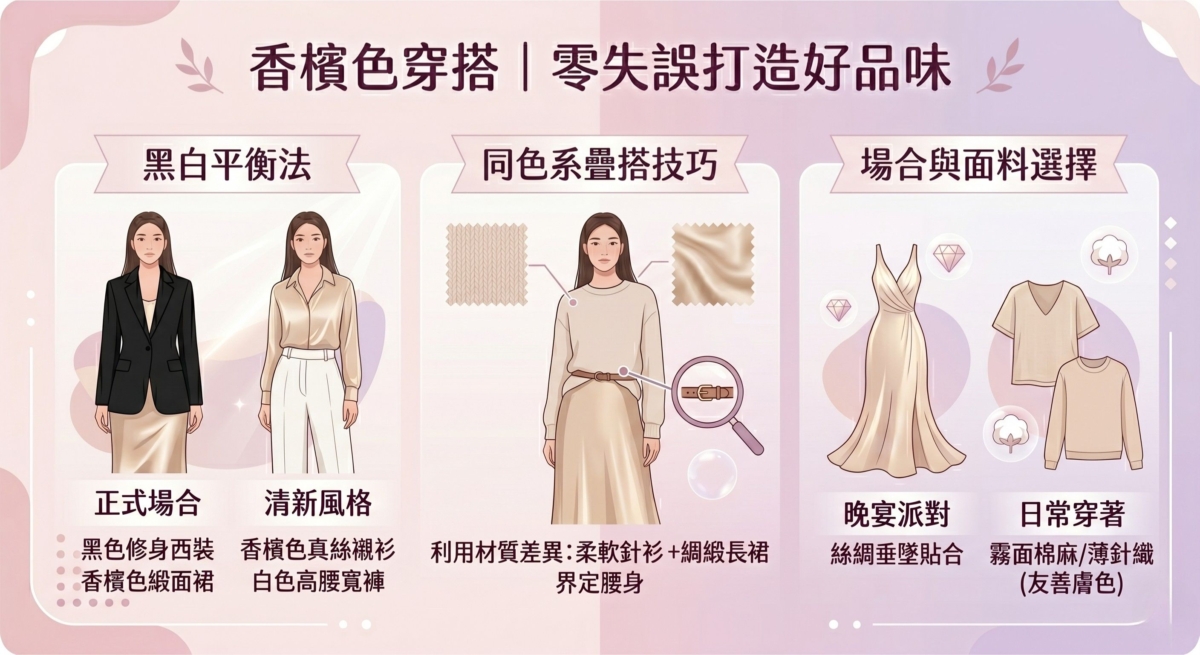香檳色穿搭指南圖表，分為「黑白平衡法」、「同色系疊搭技巧」與「場合面料選擇」三個單元，教導如何根據場合選擇材質與配色。