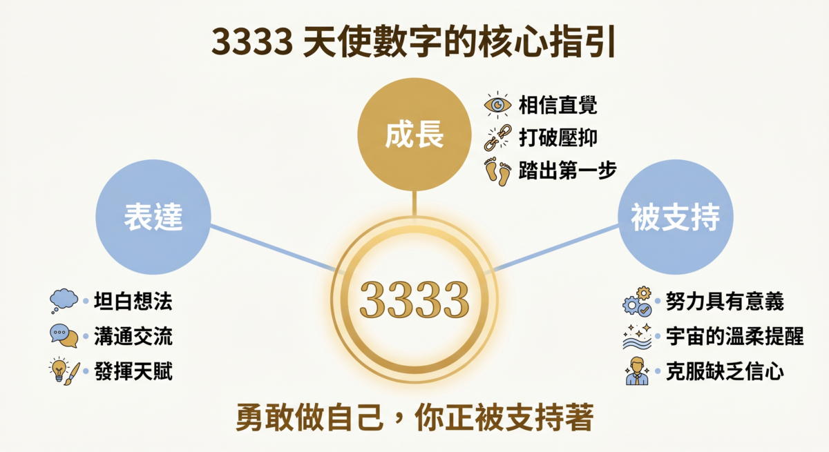3333天使數字核心意義圖解：包含勇敢表達、發揮天賦、相信直覺、找回成長動力與獲得支持等五大核心意涵。