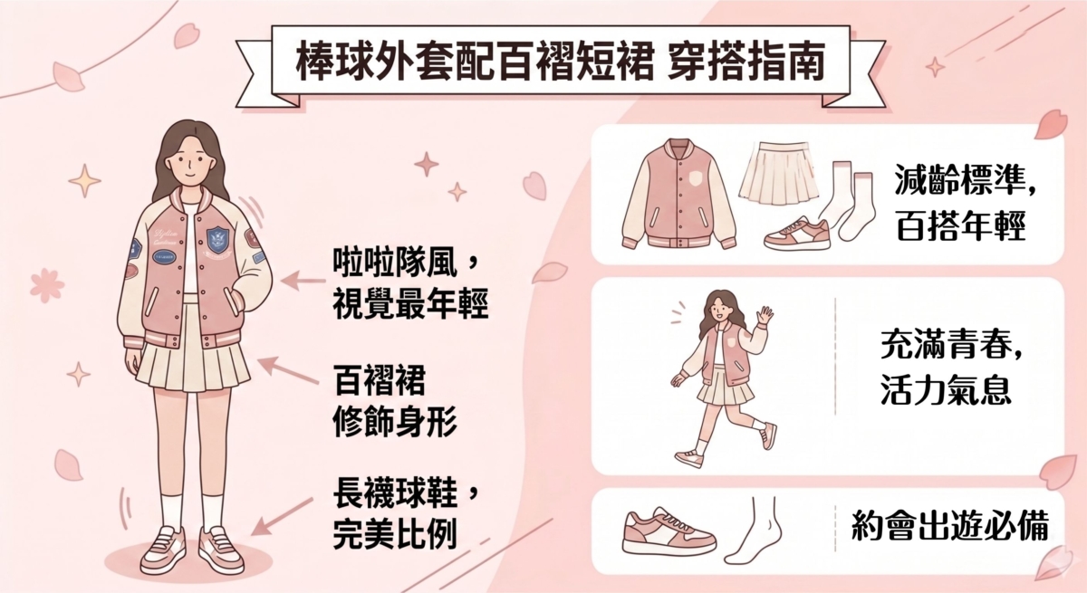 棒球外套搭配百褶短裙，就是標準的啦啦隊風格造型。