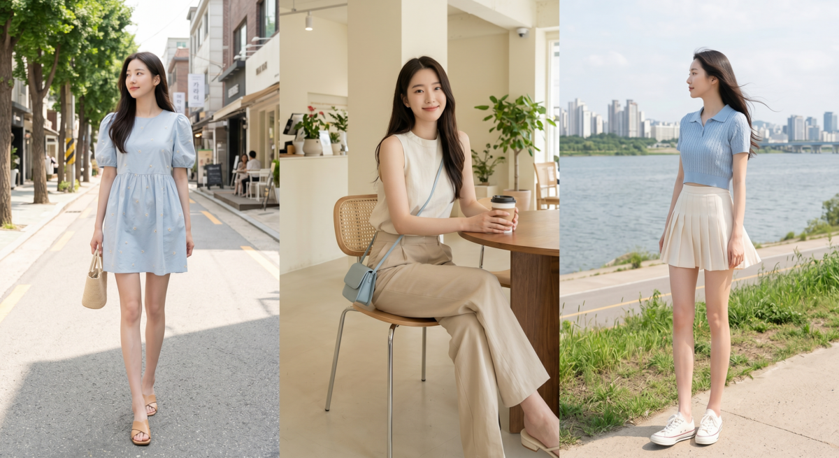淺藍、米色、奶油色這類低飽和淺色系，能讓夏天穿搭看起來更溫柔、清爽，也更有夏日氛圍。