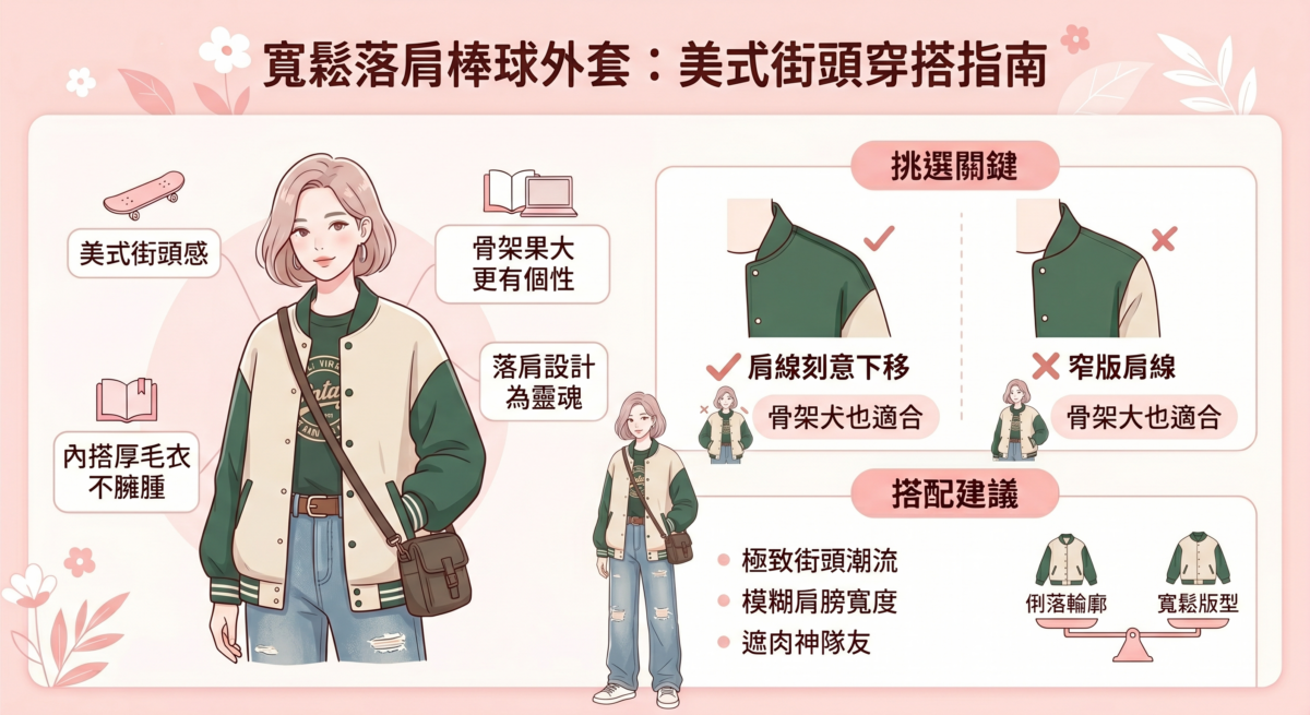 落肩設計是寬鬆版型的靈魂，肩線刻意往手臂下移，能巧妙模糊肩膀的寬度。