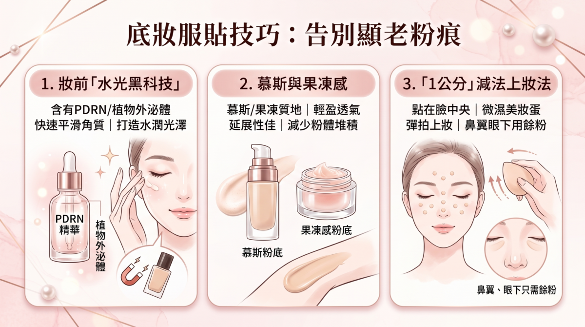 一張關於提升底妝服貼度與告別卡粉的技巧圖解。包含三個步驟：1. 妝前「水光黑科技」、2. 慕斯與果凍感、3. 「1公分」減法上妝法。