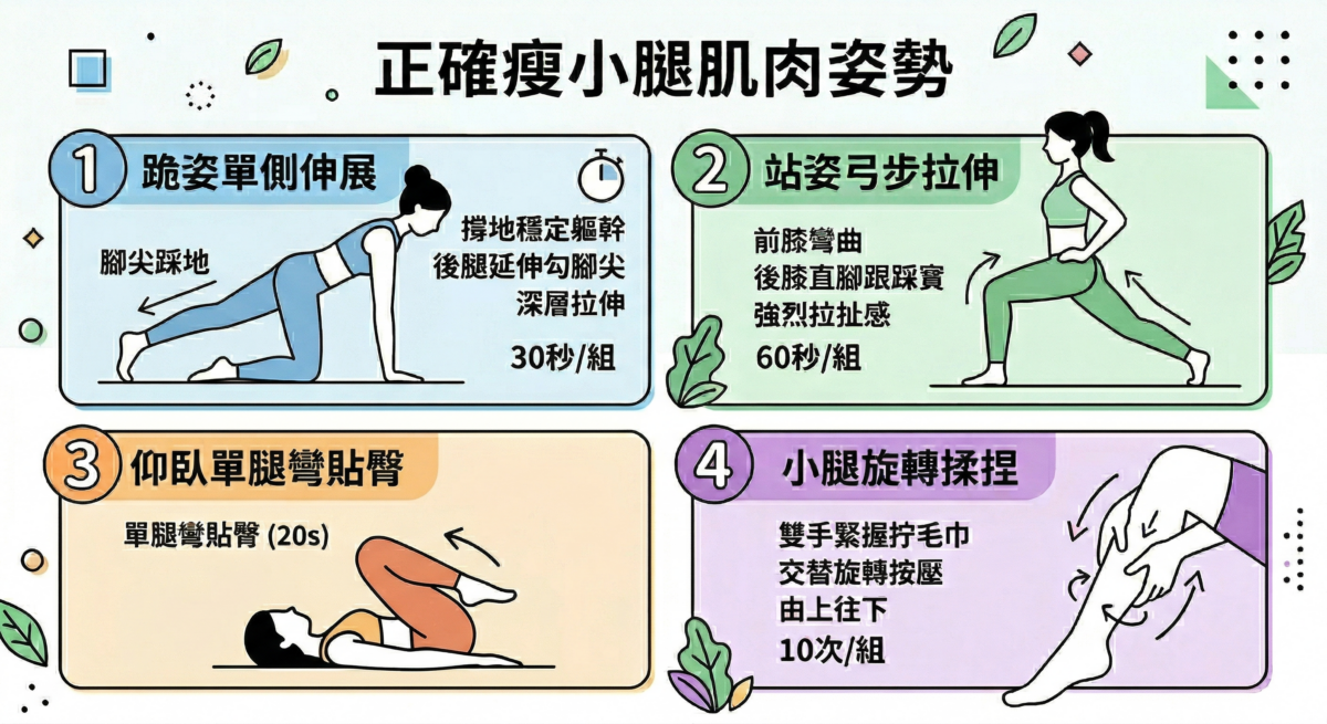 這是一張標題為「正確瘦小腿肌肉姿勢」的教學資訊圖，共有 4 個步驟，包含跪姿單側伸展、站姿弓步拉伸、仰臥多段式腿部放鬆，以及小腿旋轉揉捏按摩，每個動作均配有簡約的女性人物插畫、動作要領說明與建議執行的時間或次數。