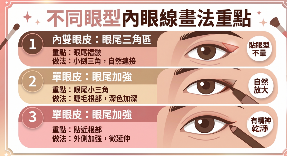 內雙、單眼皮、雙眼皮三種眼型的內眼線畫法重點對比圖,標示內雙著重眼尾三角區、單眼皮填補根部與雙眼皮保持線條乾淨的位置。