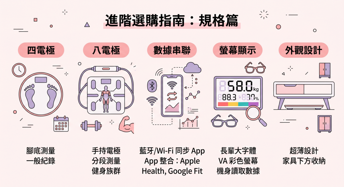 這張圖展示了「體脂磅進階選購指南」的資訊圖表，介紹了挑選體脂磅的五大規格要點，包括：四電極與八電極在測量精準度上的差異、支援藍牙或 Wi-Fi 的數據串聯功能、適合長輩的大字體彩色螢幕，以及方便家具下方收納的超薄外觀設計。
