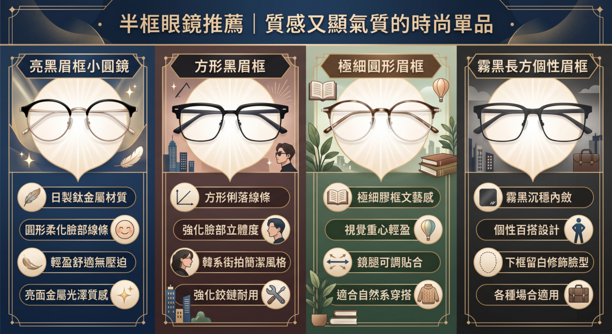 這是一張關於「半框眼鏡推薦」的時尚資訊圖表，展示了四款不同風格的眉框眼鏡：亮黑小圓鏡、方形黑眉框、極細圓形眉框及霧黑長方眉框，並分別列出其材質優勢、修飾臉型效果及適合的穿搭風格。