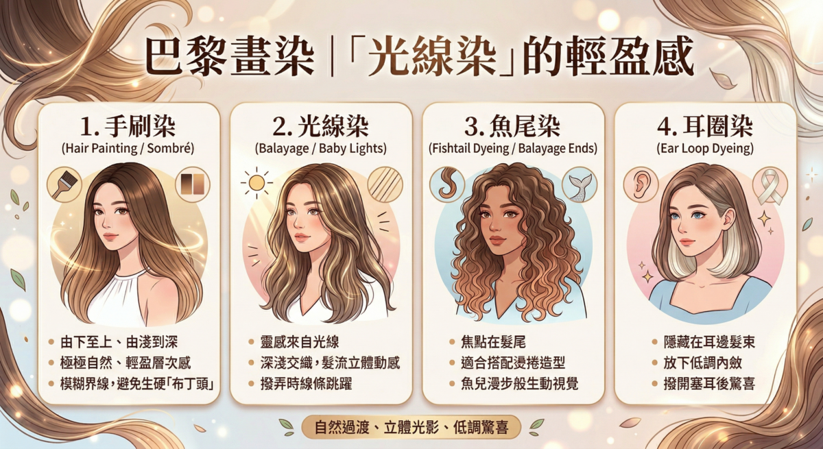 這是一張介紹四種巴黎畫染技術的圖解插畫：第一種「手刷染」由深到淺自然過渡，避免布丁頭；第二種「光線染」模仿自然光線交織，增加髮流立體感；第三種「魚尾染」焦點在髮尾，適合搭配燙捲造型；第四種「耳圈染」將亮色隱藏在耳後，呈現低調內斂的驚喜感。