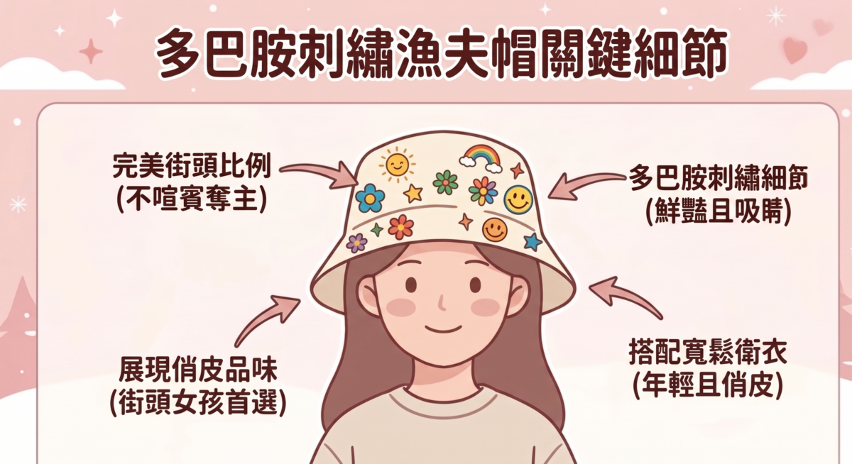 這款設計帶有童趣感，是許多街頭潮流女孩的心頭好，鮮明的刺繡細節往往能成為整體穿搭的視覺重心。