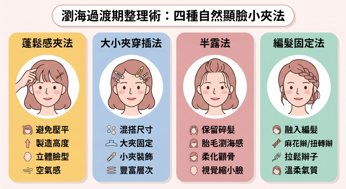 四種瀏海過渡期髮夾教學圖解：包含增加臉部立體感的蓬鬆感夾法、提升層次的大小夾穿插法、修飾顴骨顯臉小的碎髮半露法，以及提升溫柔氣質的編髮固定法。