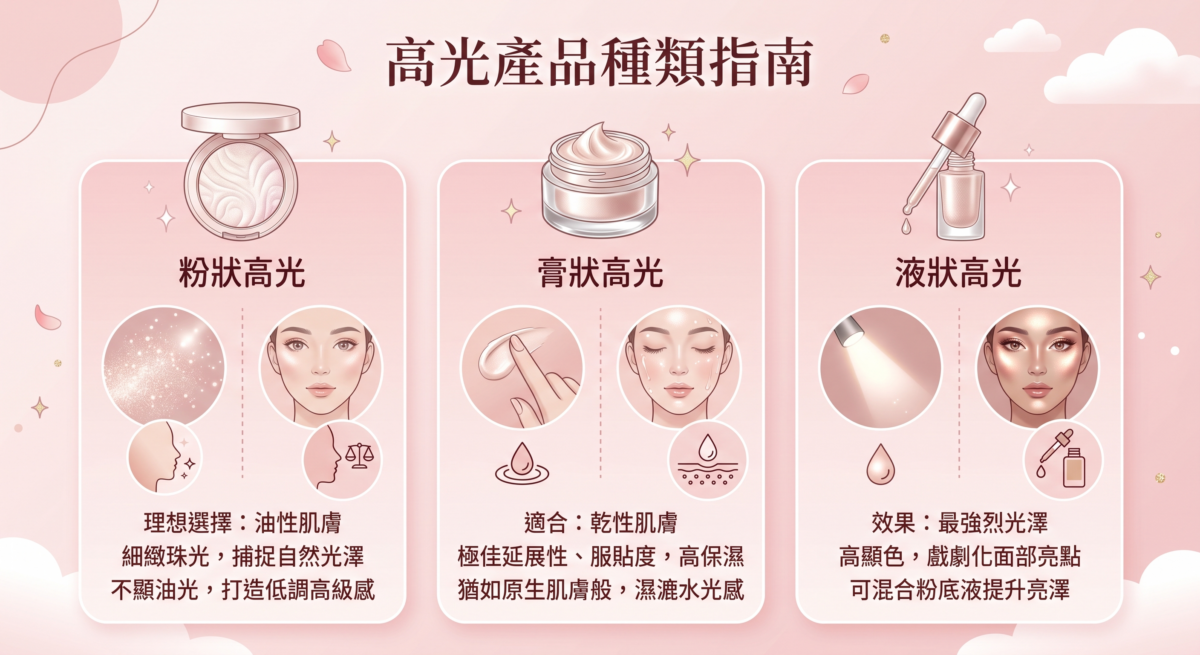 一張介紹三種不同質地高光產品的指南圖表，有粉狀高光、膏狀高光與液狀高光。