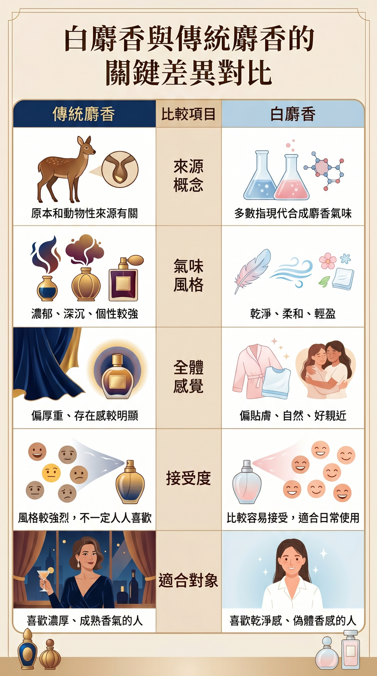傳統麝香與白麝香比較資訊圖表，呈現來源概念、氣味風格、整體感覺與適合對象的視覺化對比清單。