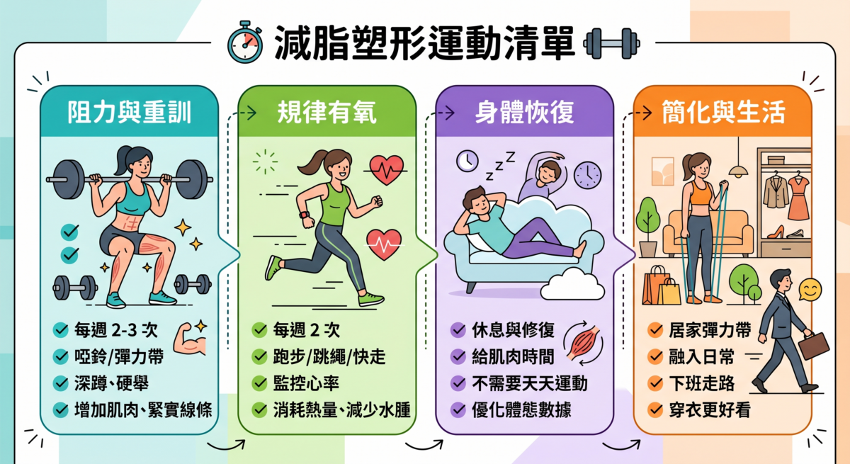 一張標題為「女性減脂目標設定指南」的資訊圖表，解釋了生理差異、年齡校正、超越 BMI 以及優化組成等四個設定健康目標的核心重點。