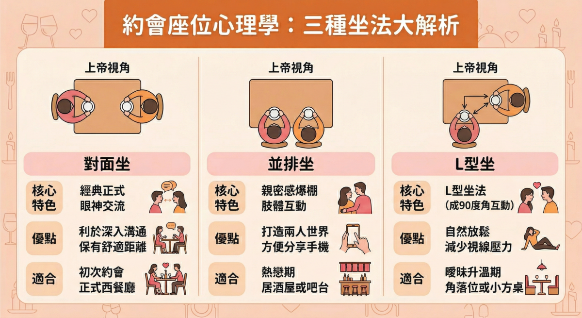 情侶約會座位心理學分析圖：一圖看懂對面坐、並排坐與L型坐的親密度比較、優點與適合的約會階段。