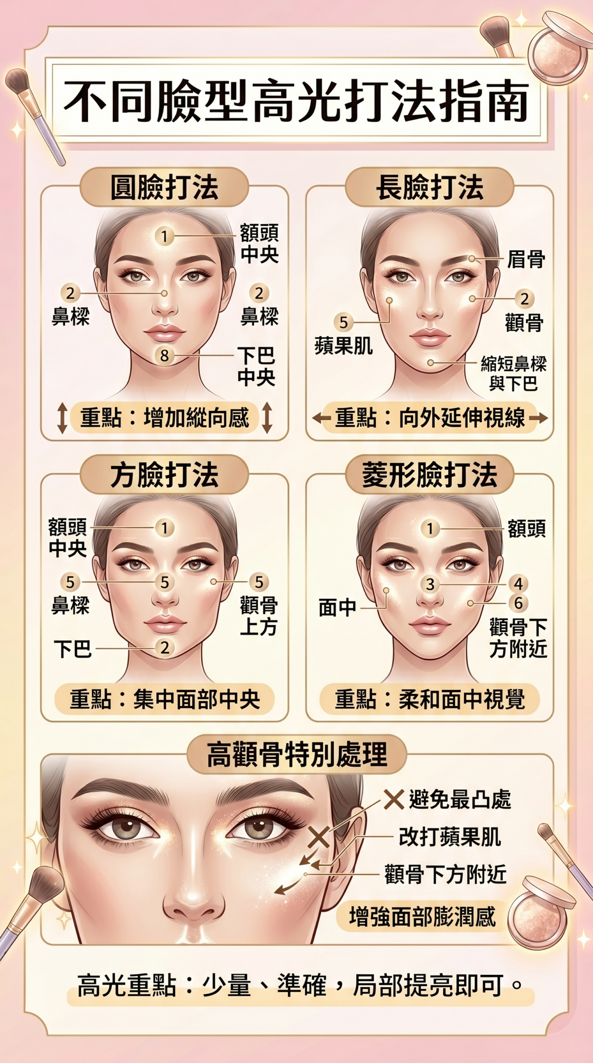 四種常見臉型(圓臉、長臉、方臉、菱形臉)的高光打亮位置對比圖,展示如何透過提亮局部位置達到修飾臉型、平衡比例的效果。