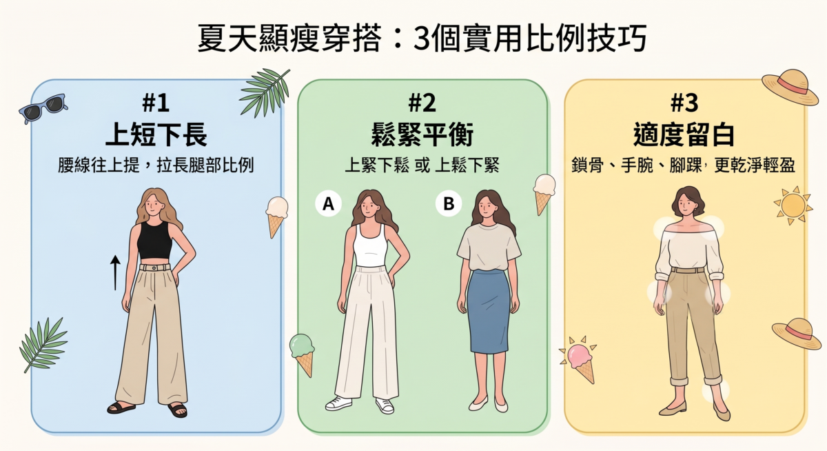 夏天顯瘦穿搭技巧資訊圖：展示上短下長拉高腰線、上下鬆緊平衡、以及針對鎖骨與腳踝適度留白的比例教學，幫助達成視覺顯高效果。