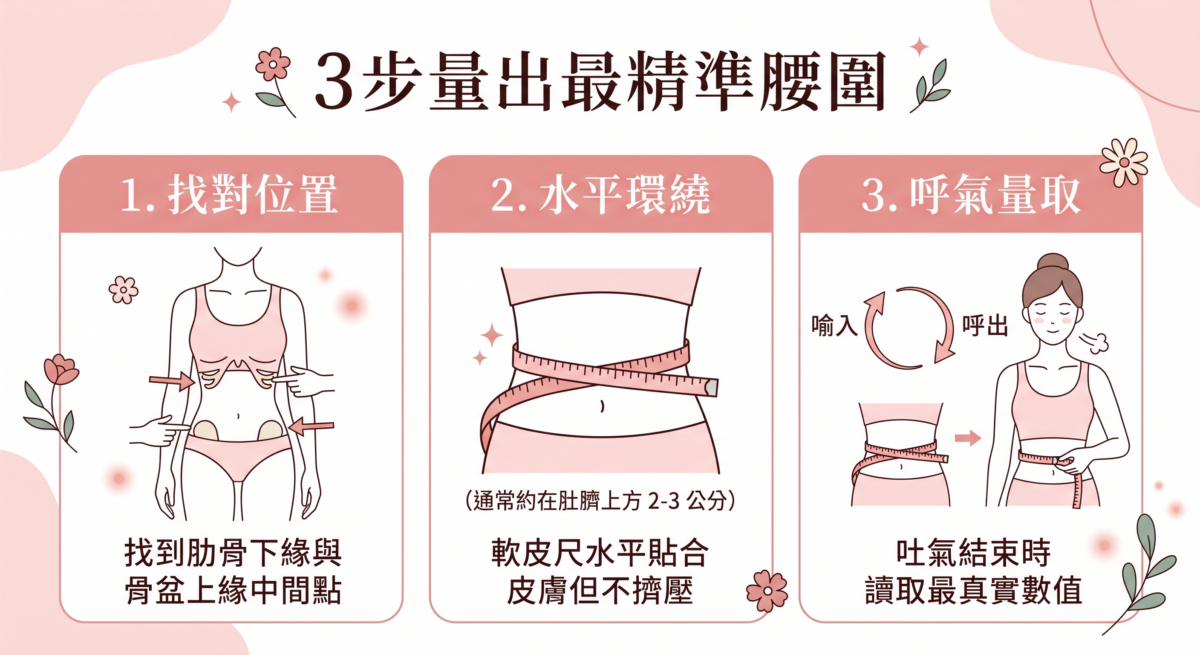 一張關於測量腰圍的三步驟圖解。步驟 1：找到肋骨下緣與骨盆上緣的中間點。步驟 2：將軟皮尺水平環繞腹部，位置約在肚臍上方 2-3 公分處，貼合皮膚但不擠壓。步驟 3：在呼氣結束時讀取數值，以獲得最真實的測量結果。