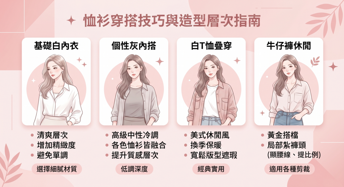 一張名為「恤衫穿搭技巧與造型層次指南」的圖解，介紹了四種實用的襯衫穿搭方式。
