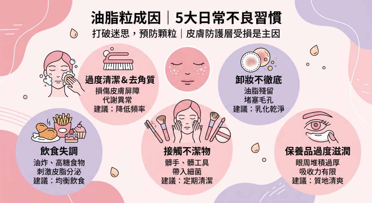 標題為「油脂粒成因」的資訊圖，列出過度清潔、卸妝不周、不良飲食、接觸不潔物及保養品過度滋潤等五大導致皮膚屏障受損的習慣與預防建議。