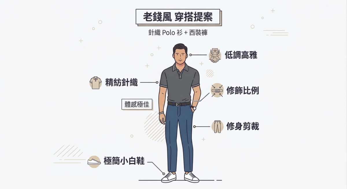 选择深灰色、莫兰迪色系的精纺针织 Polo 衫，搭配深色修身西装裤，能散发出一种低调且高雅的“老钱风”气息。