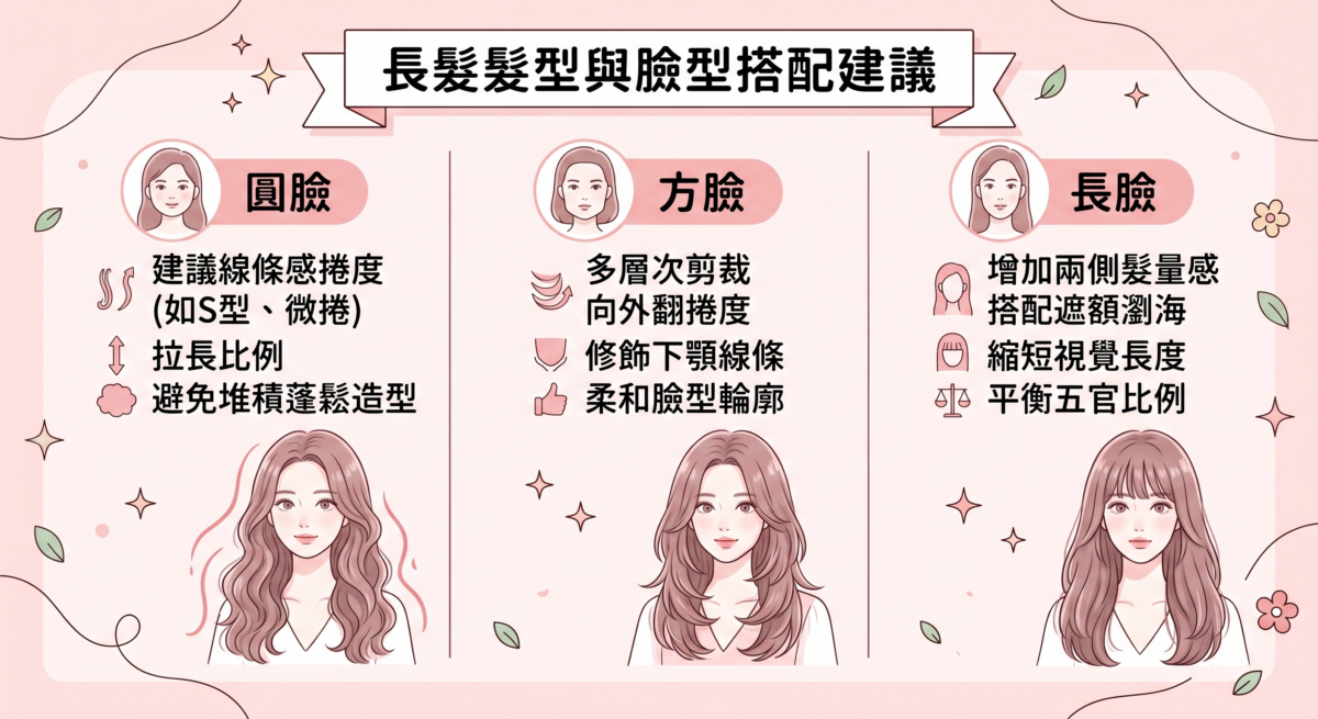 這張圖表提供了針對圓臉、方臉及長臉的長髮髮型搭配建議。