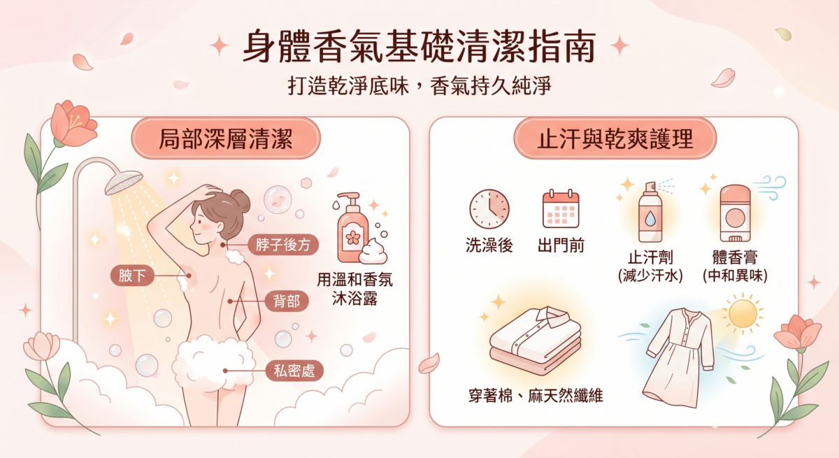 想要香氣持久且純淨，身體的「底味」一定要乾淨。如果體味與香水混合，反而會產生尷尬的怪味。