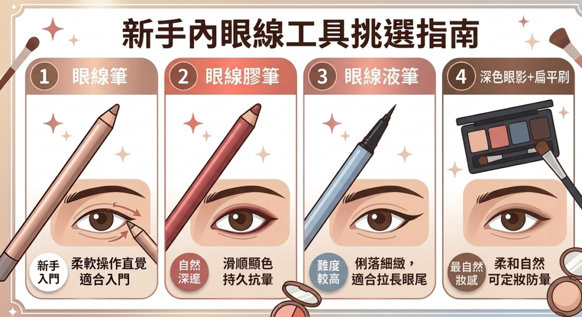 內眼線工具挑選指南資訊圖,對比眼線筆、眼線膠筆、眼線液筆的上手難度與妝感差異,推薦新手選擇眼線筆或眼線膠筆。