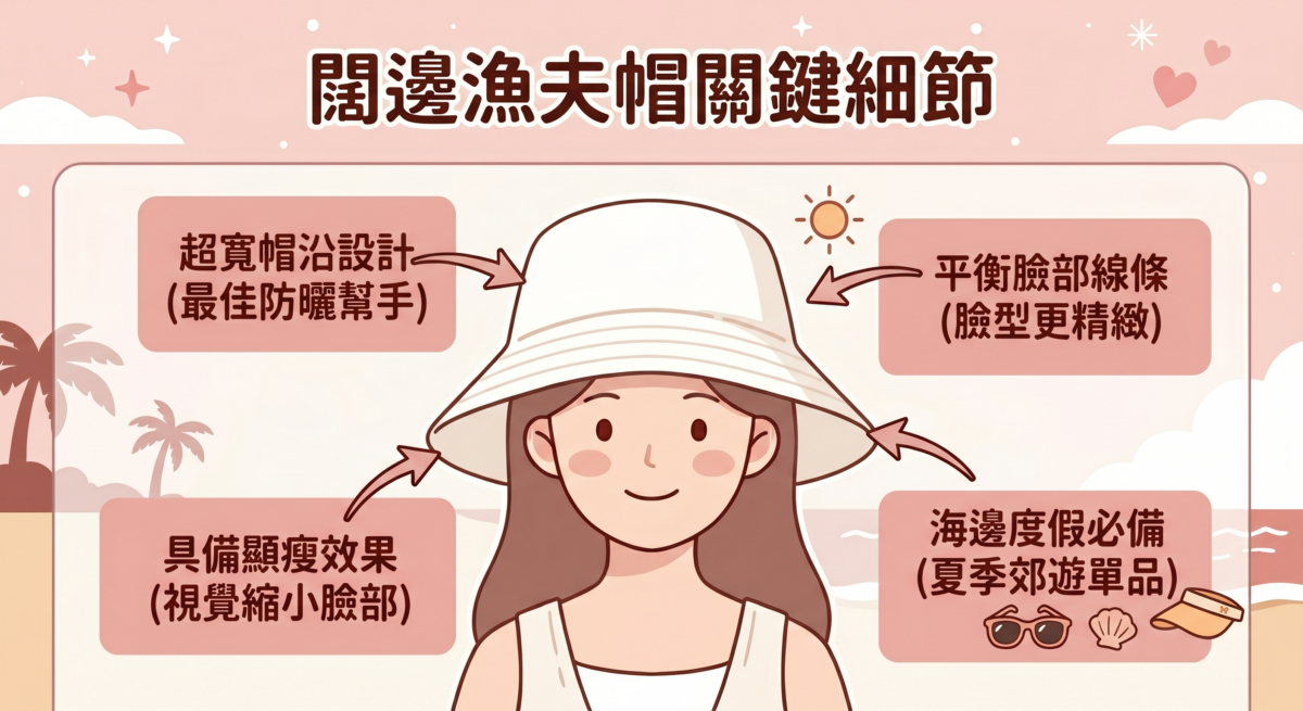 超寬帽沿設計是防曬的最佳幫手，不僅能有效遮蔽強烈紫外線，更具備顯瘦的視覺縮小效果。