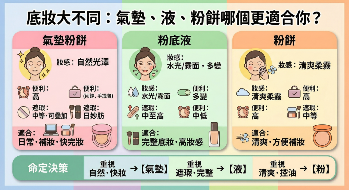 氣墊粉餅、粉底液與粉餅差異比較圖:包含妝感、遮瑕力、便利度對比與膚質挑選指南。